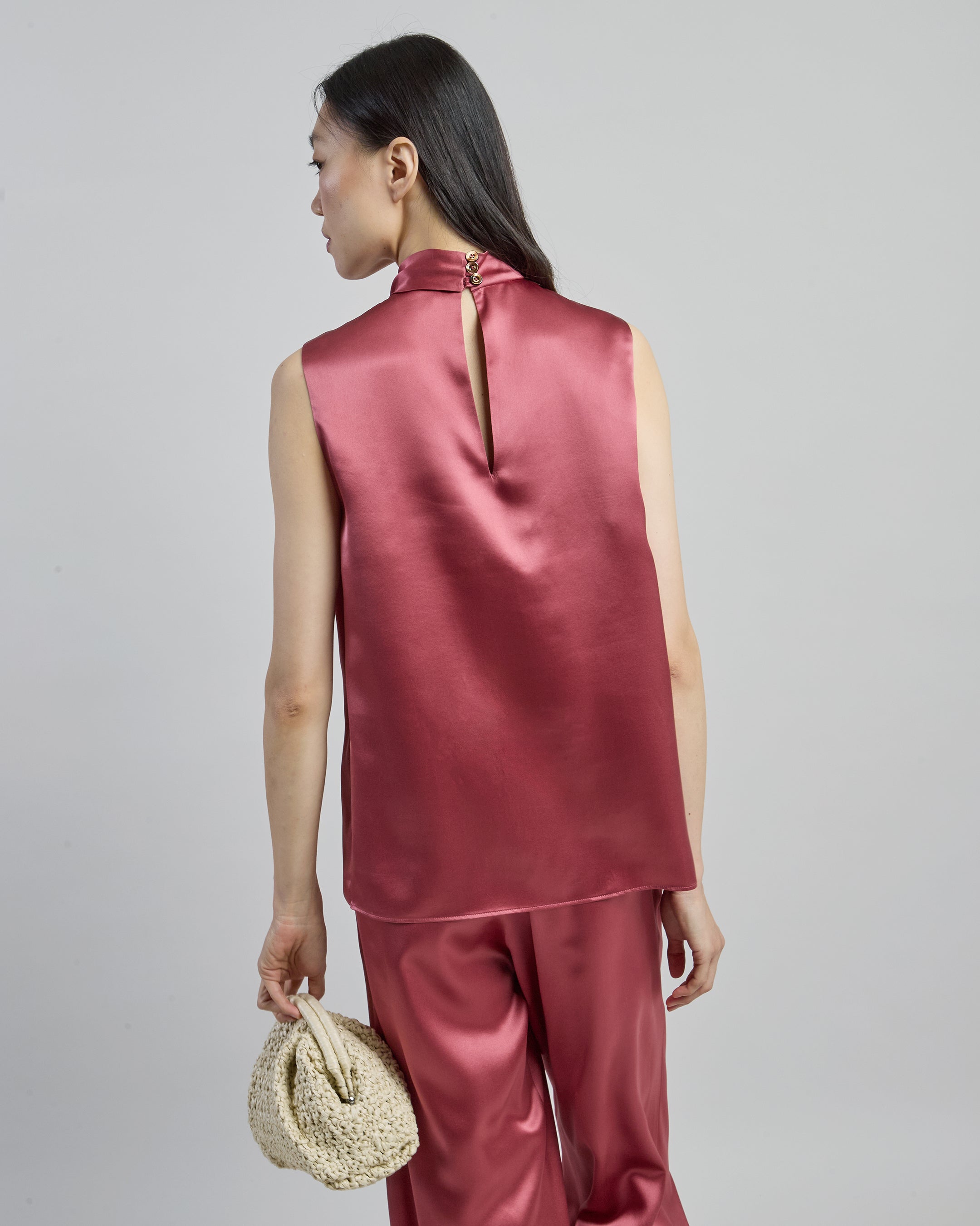 Women's Sleeveless Double Silk Satin Crossover Neck Top alternative