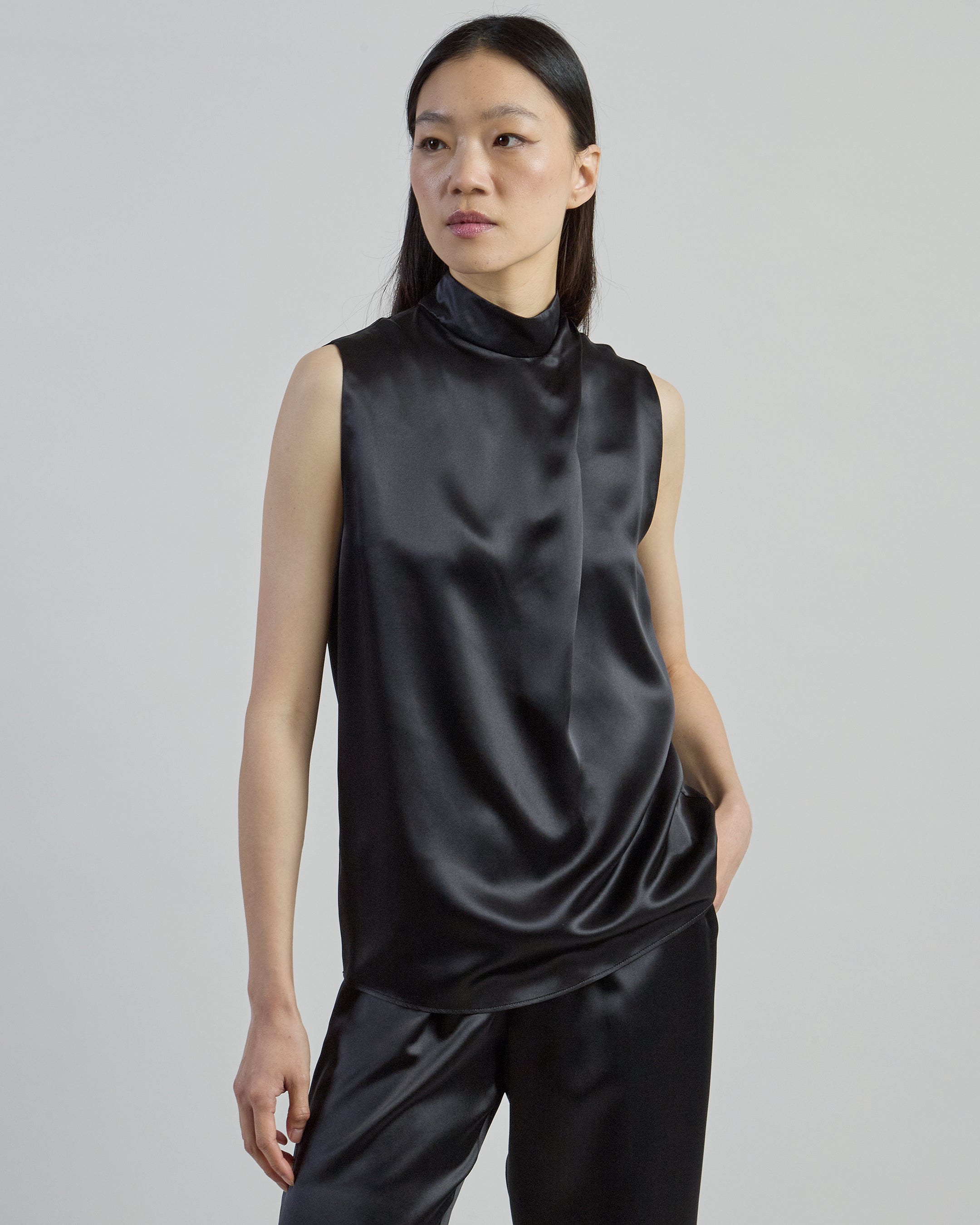 Women's Sleeveless Double Silk Satin Crossover Neck Top