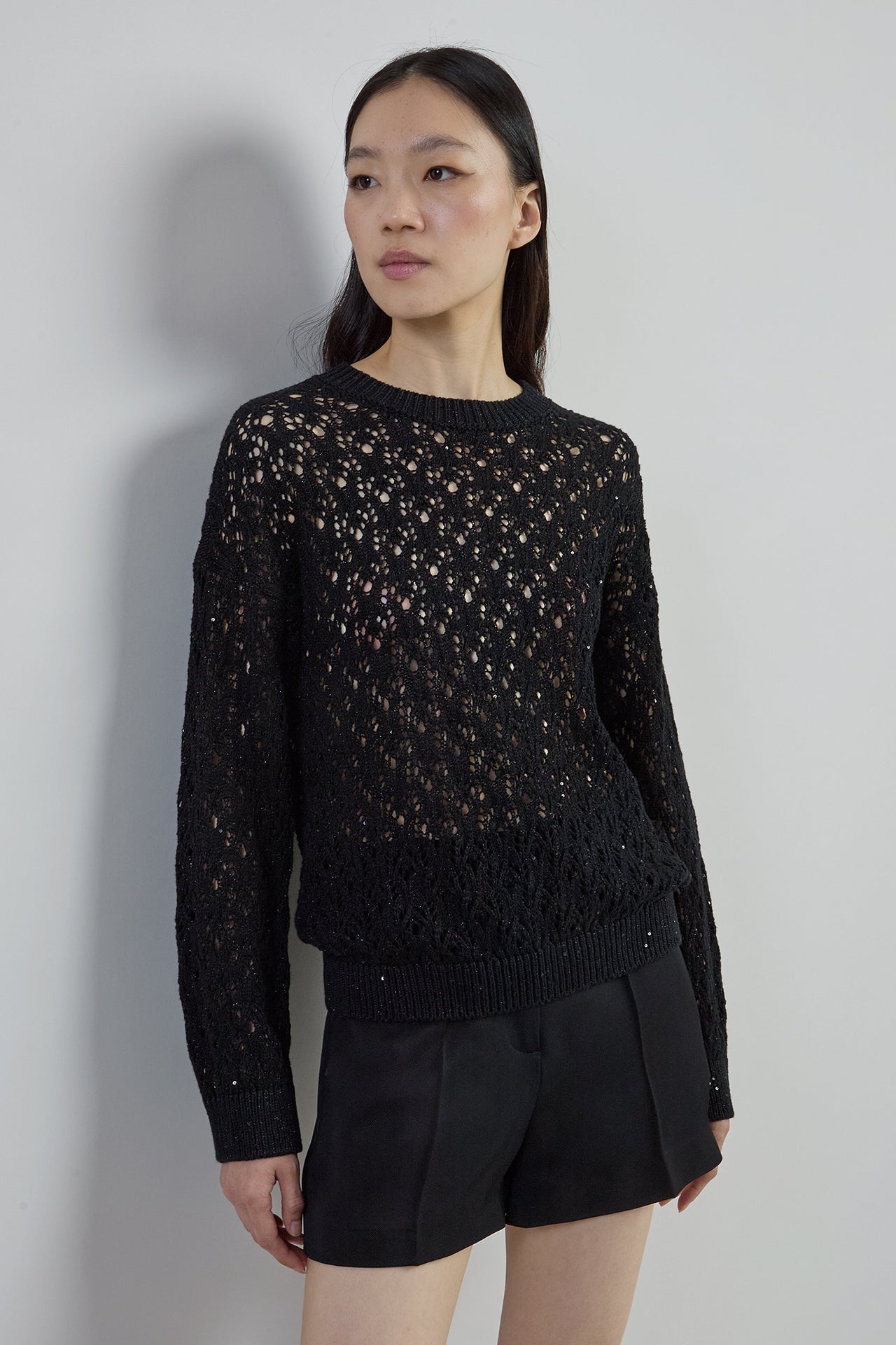 Women's Cotton Linen Crew Neck Sweater with Sequins