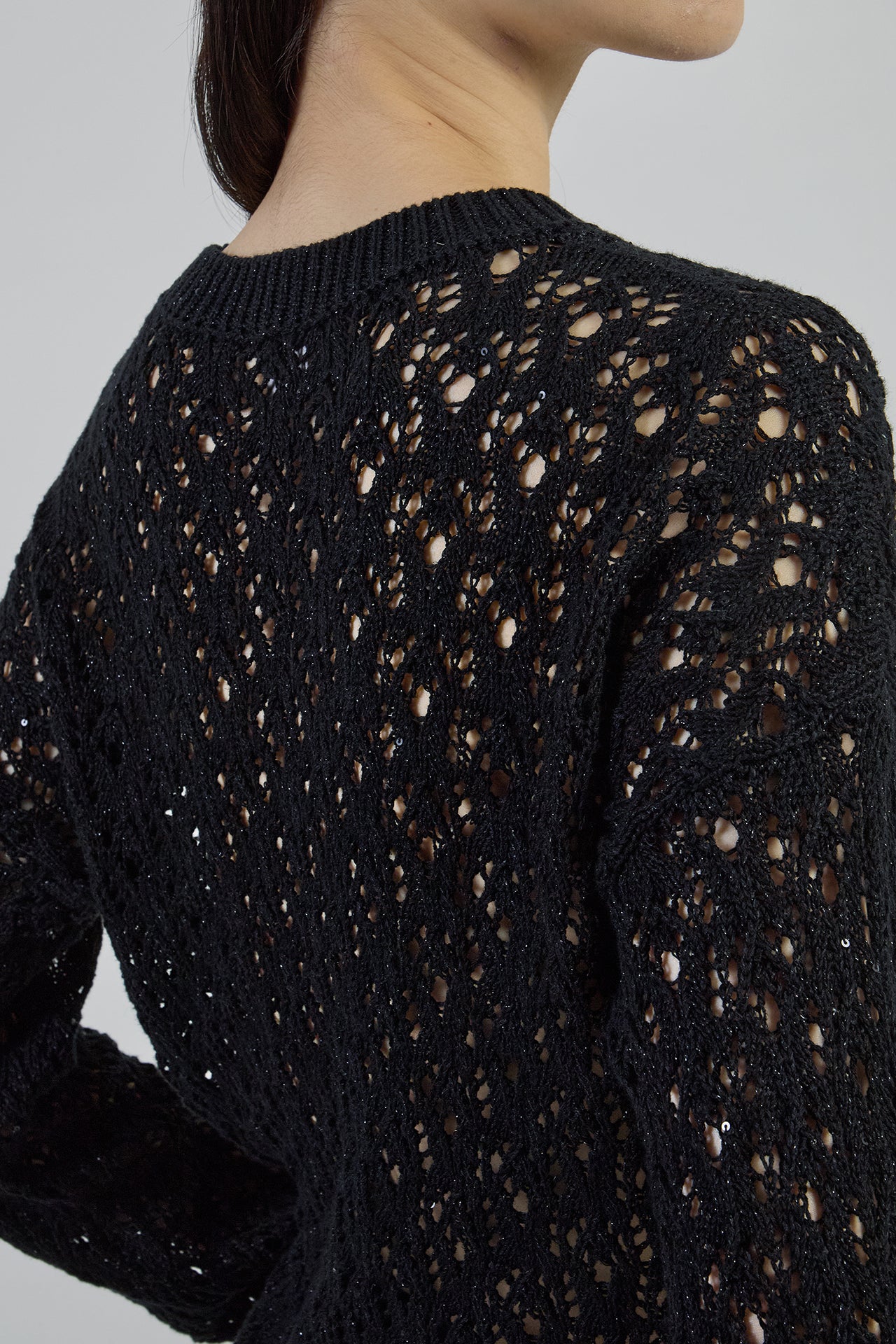 Women's Cotton Linen Crew Neck Sweater with Sequins - 3