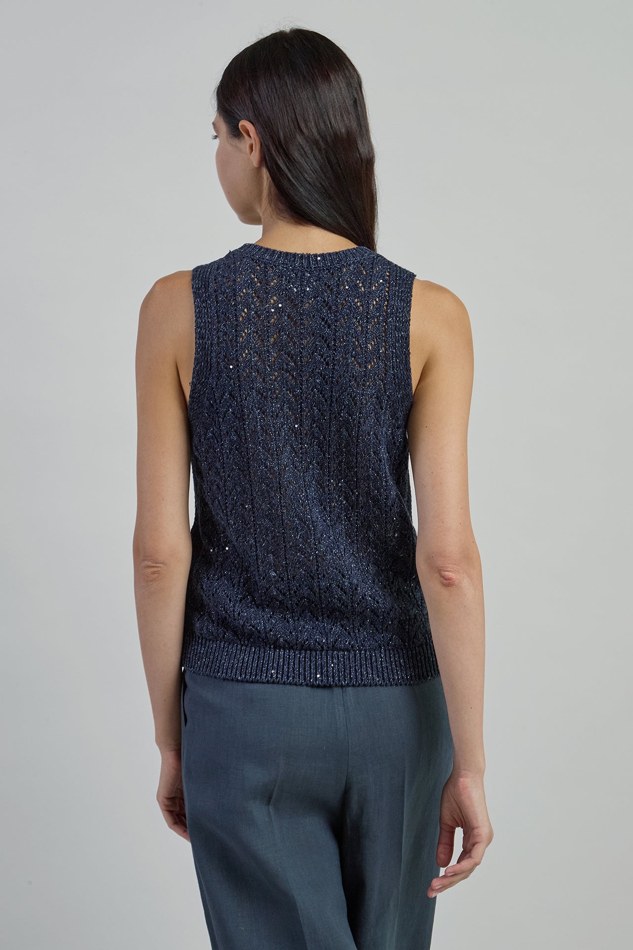 Cotton Linen Sleeveless Sweater with Sequin Details - 2