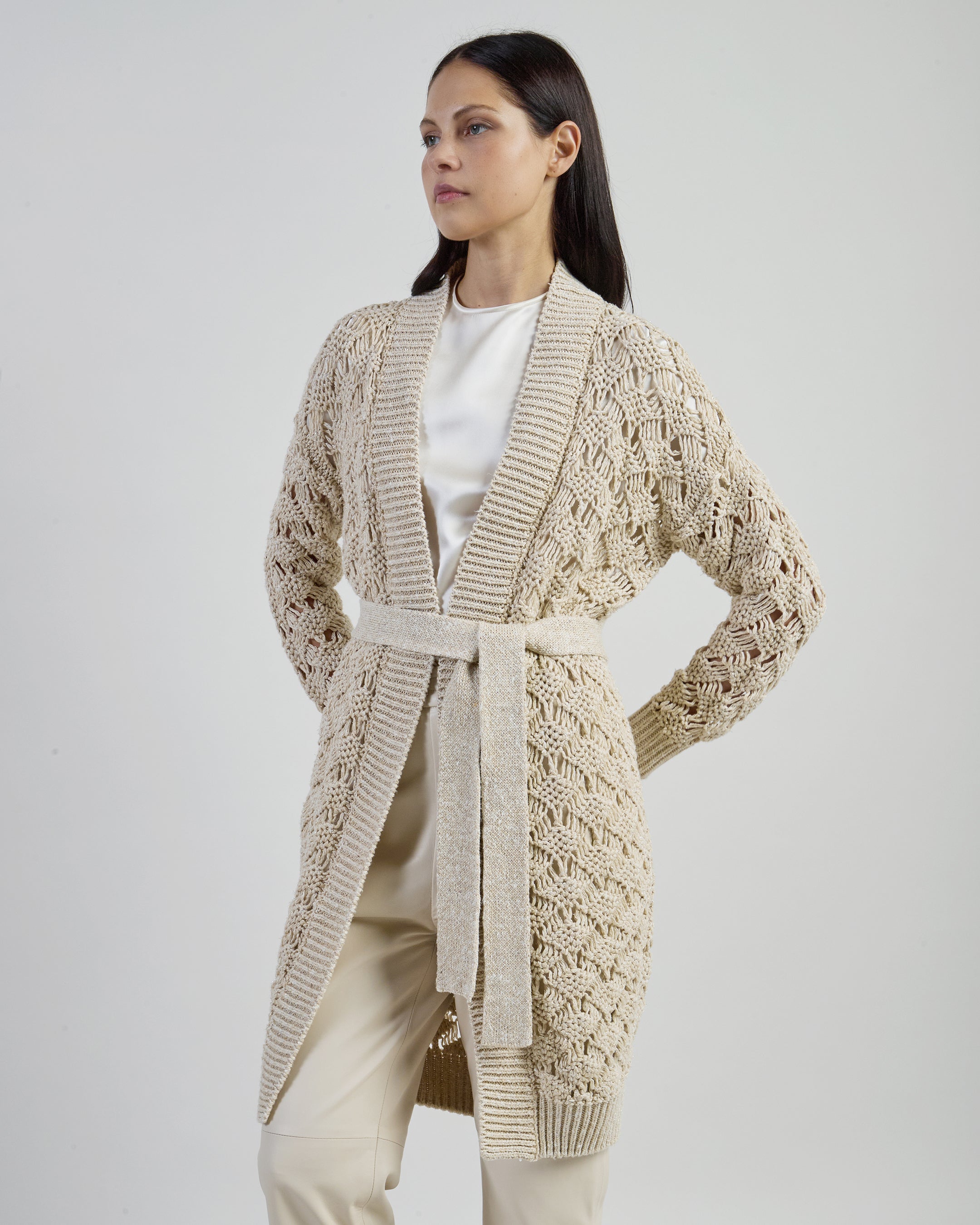 Women's Long Linen Cotton and Silk Cardigan with Belt - 4