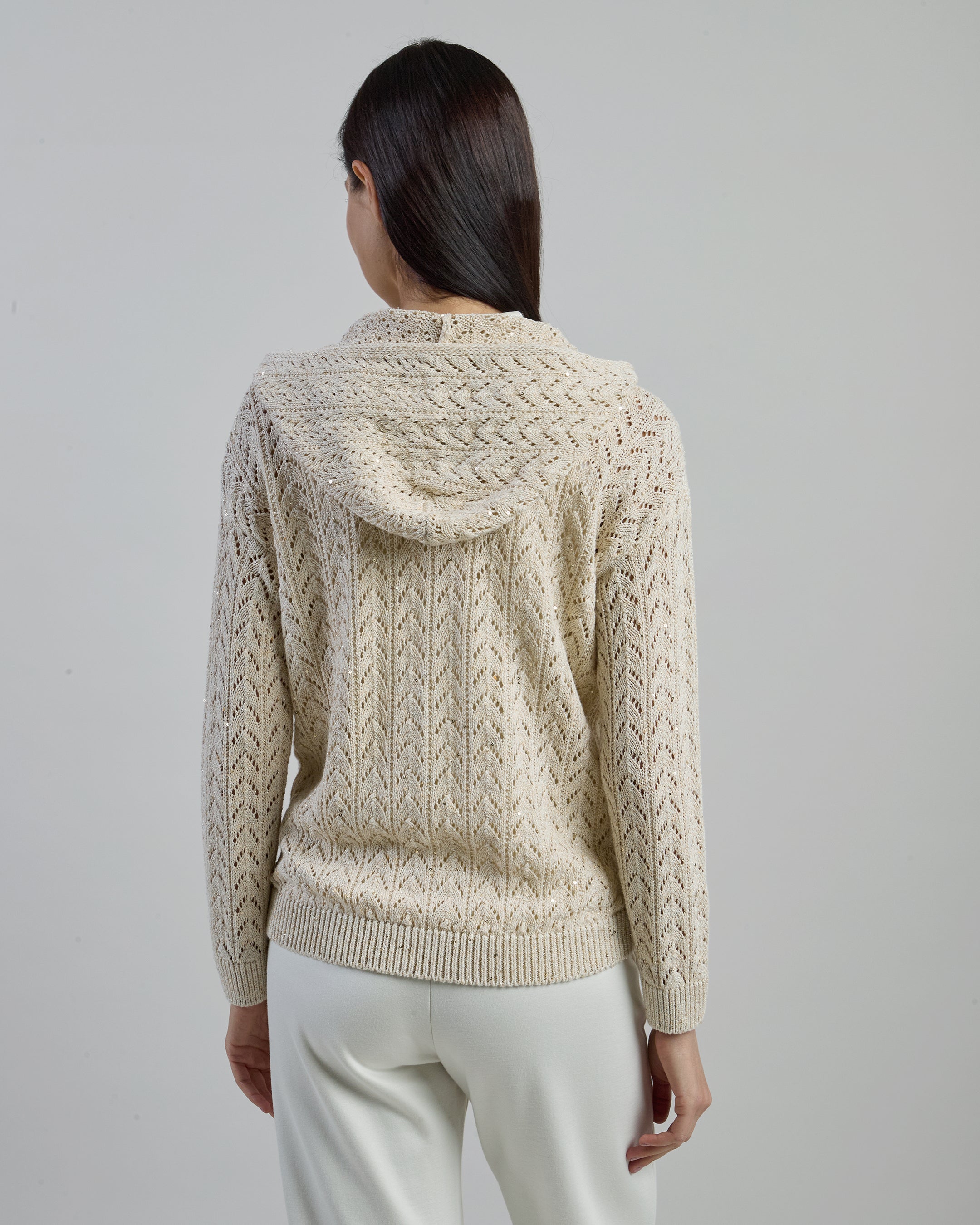 Full Zip Cotton Linen Hooded Sweater with Sequins - 2
