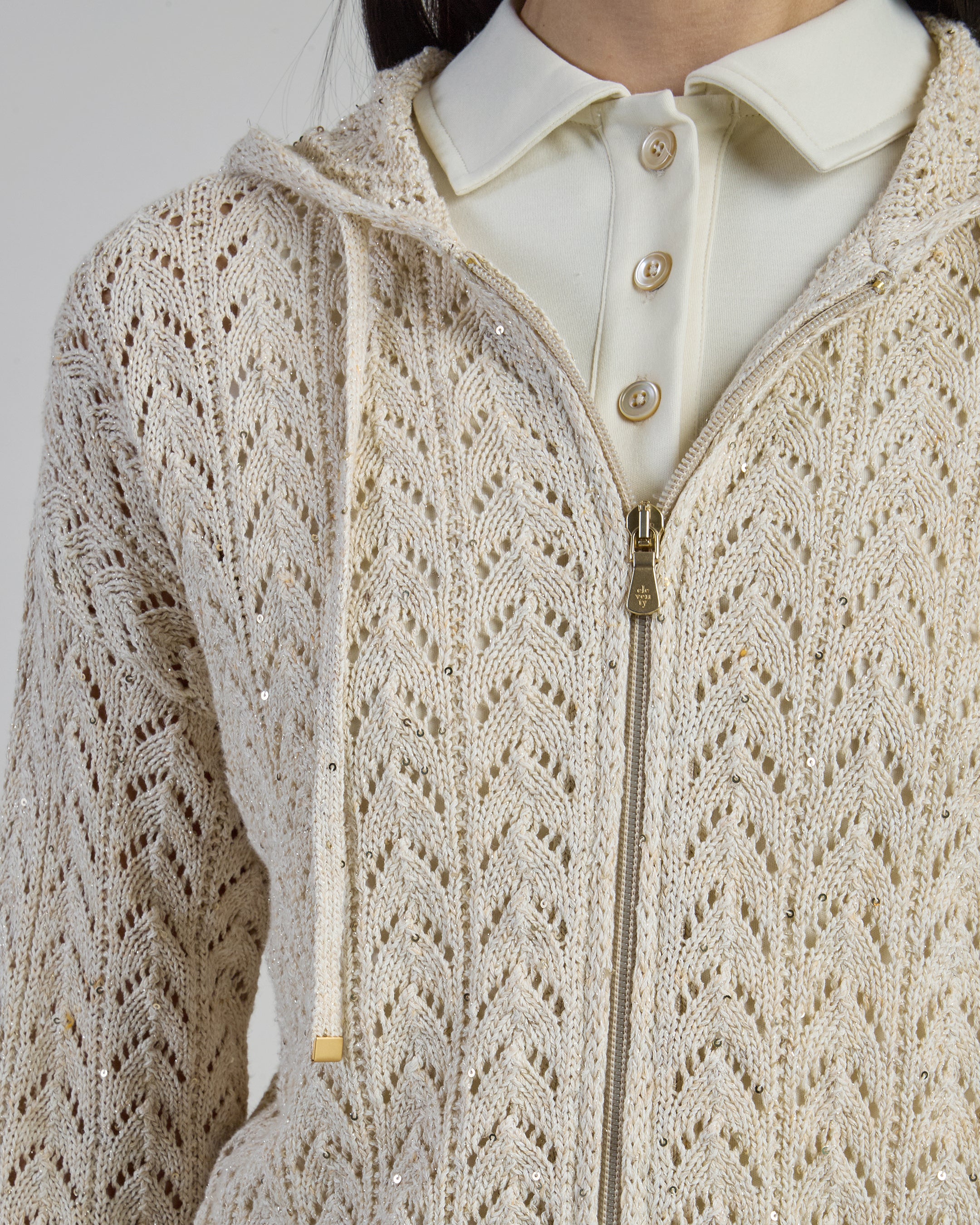 Full Zip Cotton Linen Hooded Sweater with Sequins - 3