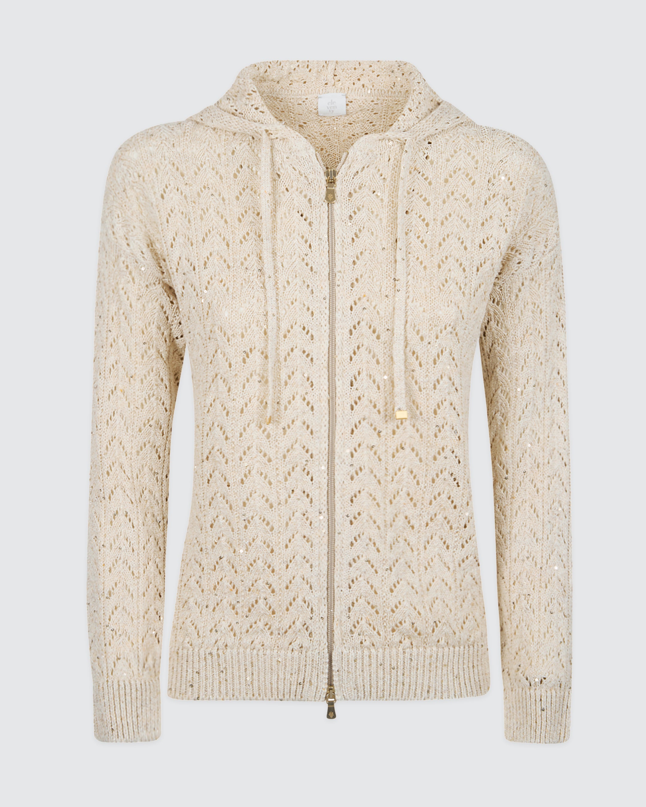 Full Zip Cotton Linen Hooded Sweater with Sequins