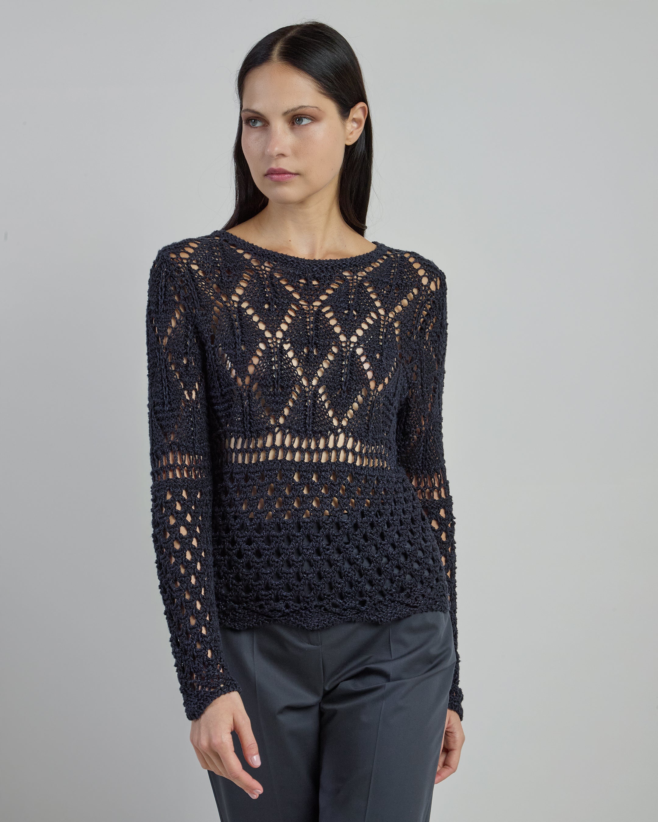 Women's Crew Neck Linen and Silk Micro-Bouclé Sweater - 1