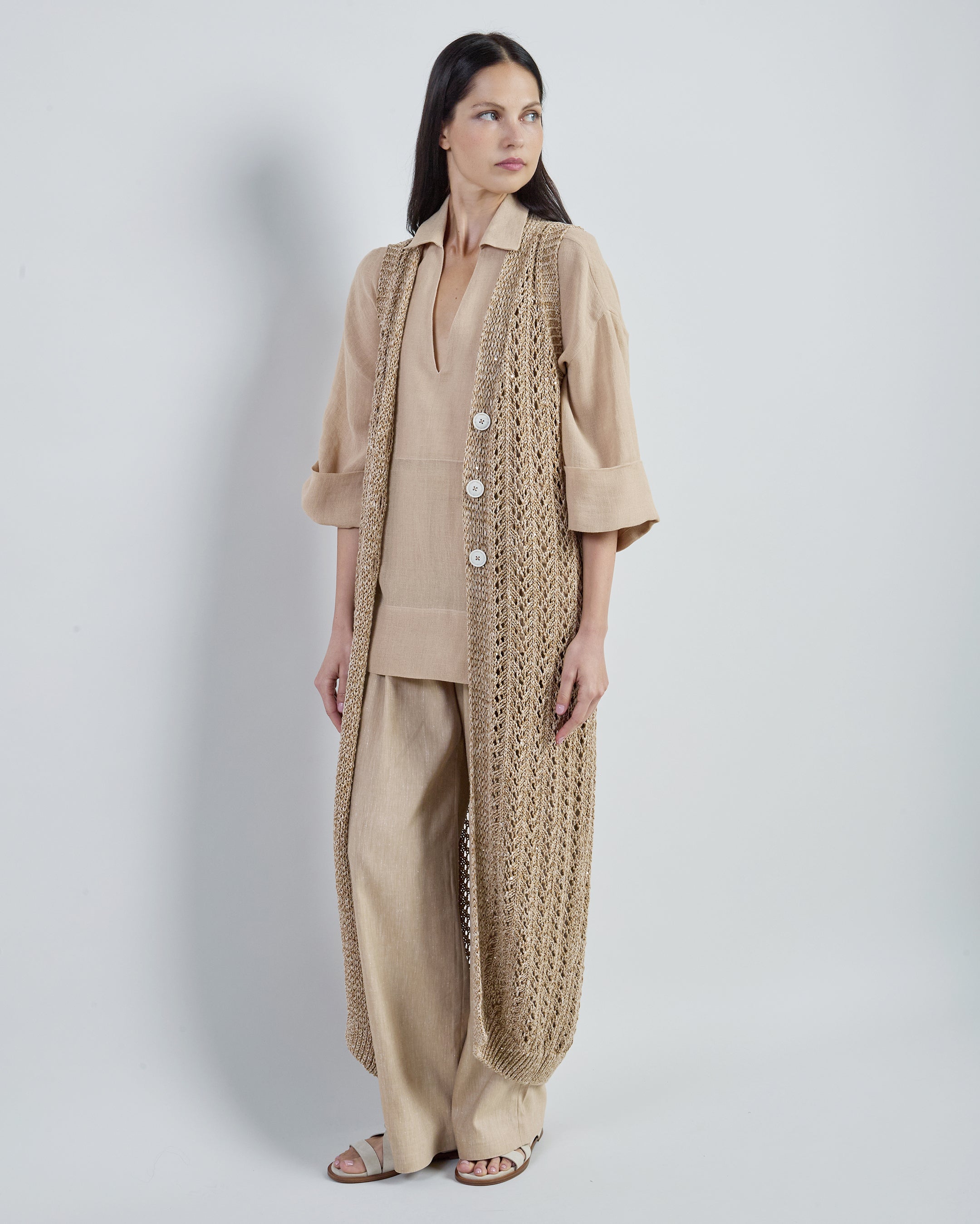 Long Cotton and Linen Cardigan with Sequin Details