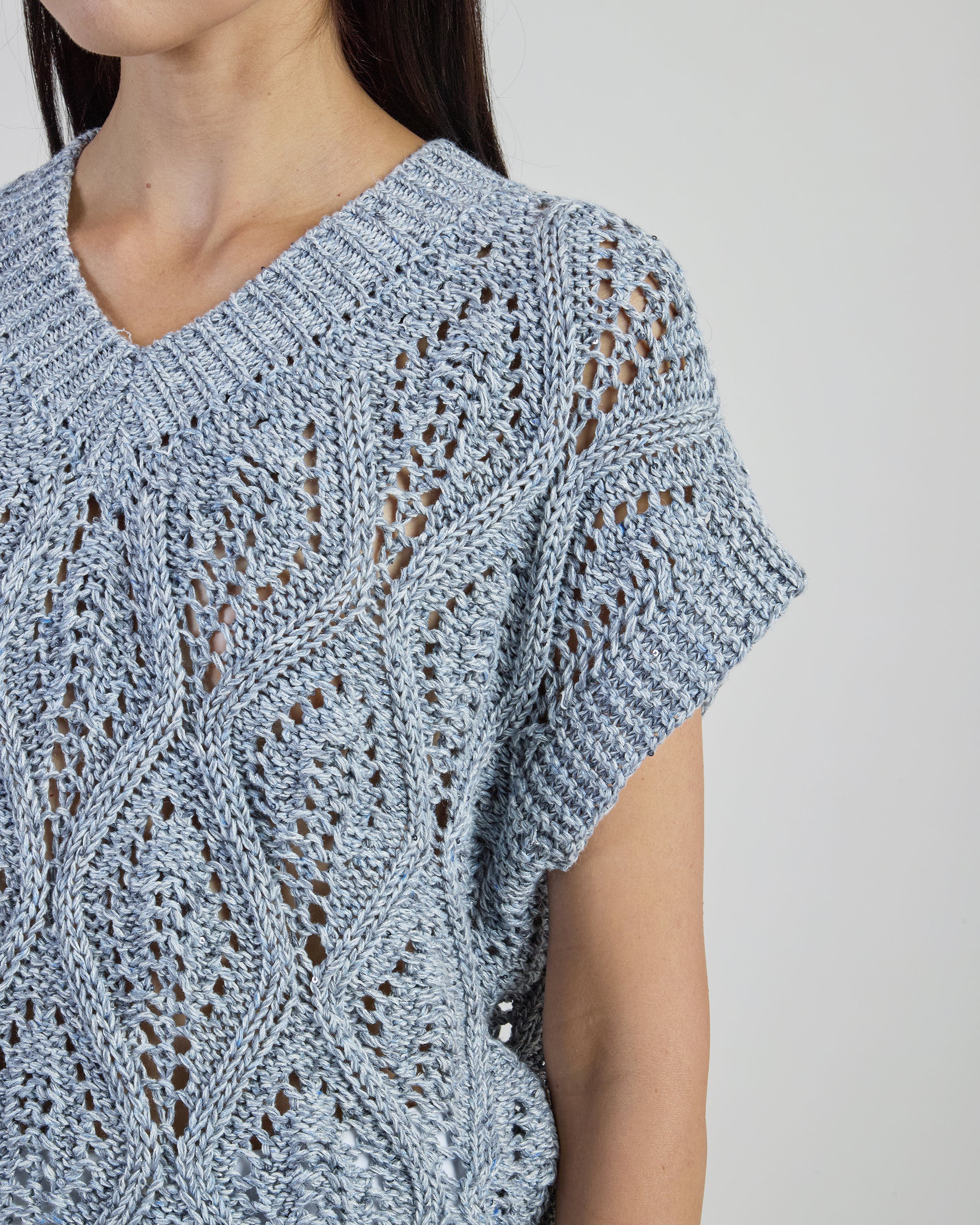 Women's V-Neck Cotton and Linen Sweater with Sequins - 3