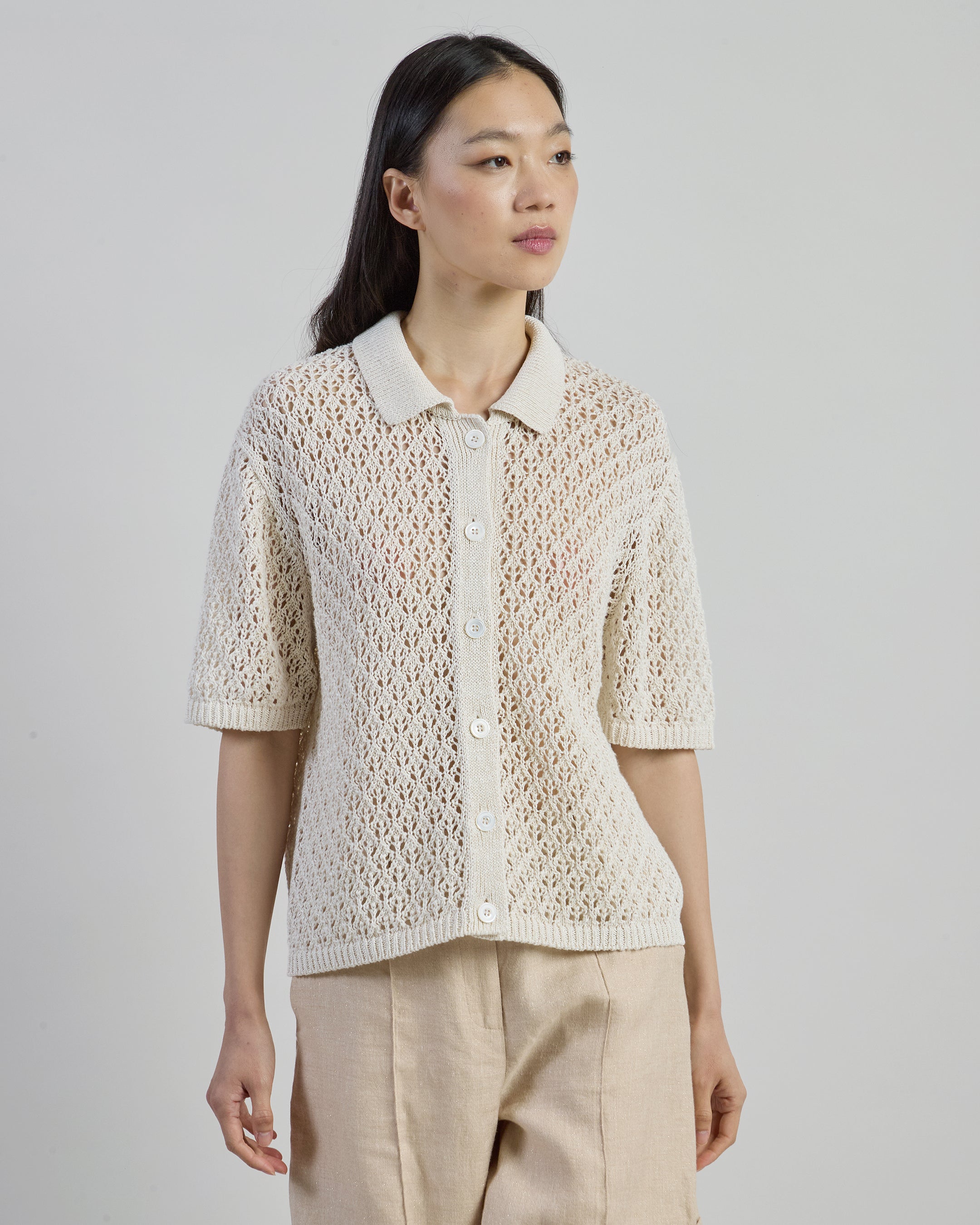 Linen and Silk Knitted Polo Shirt with Exclusive Stitch