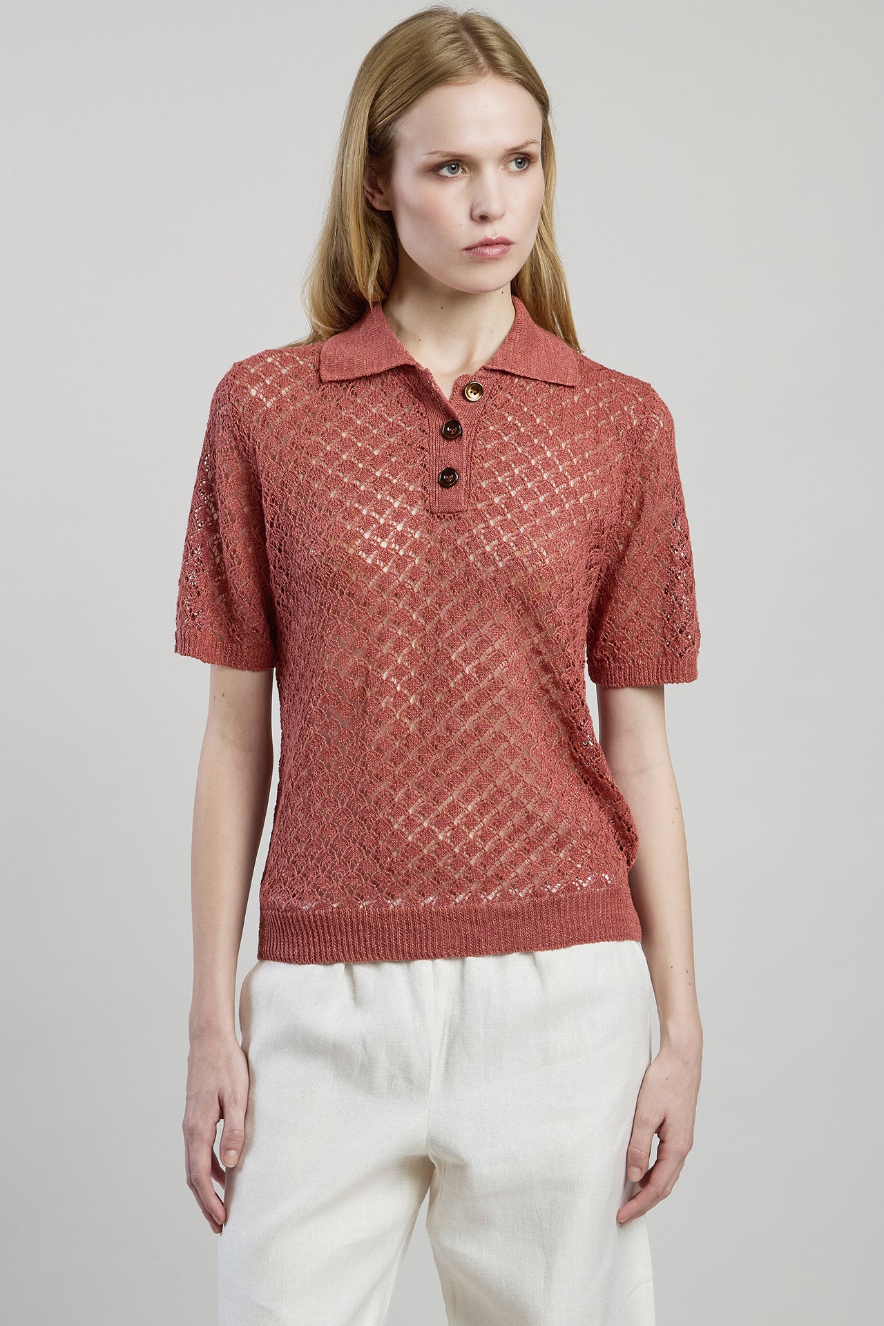 Linen and Silk Knitted Polo Shirt with Exclusive Stitch