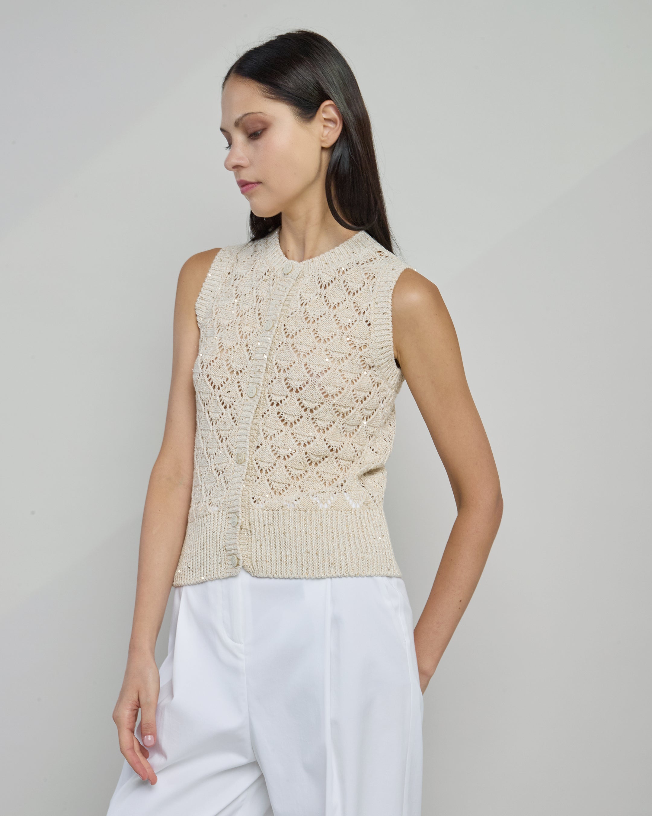 Women's Cotton Linen Sleeveless Cardigan with Sequins