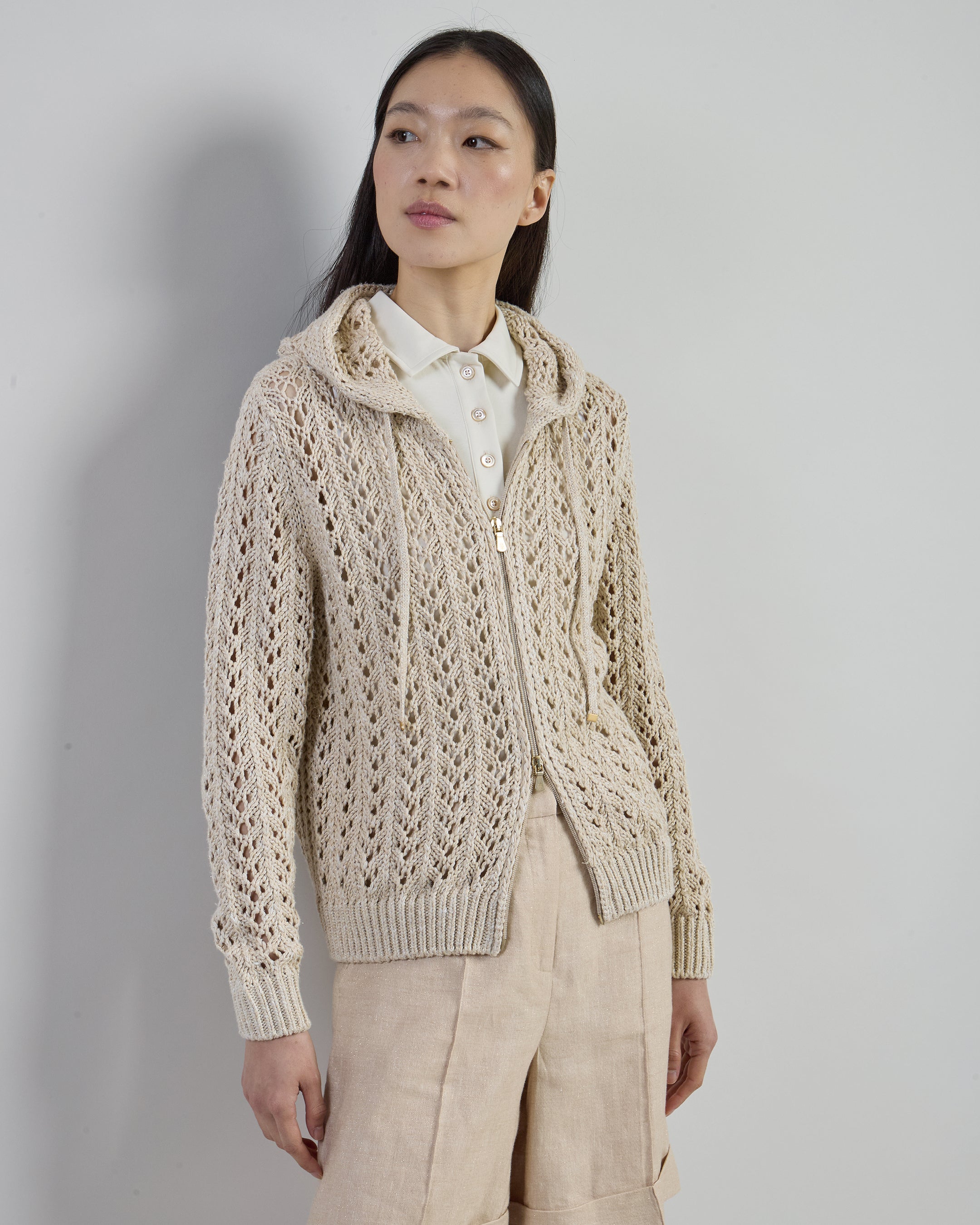 Full Zip Linen Cotton and Silk Hooded Sweater - 1
