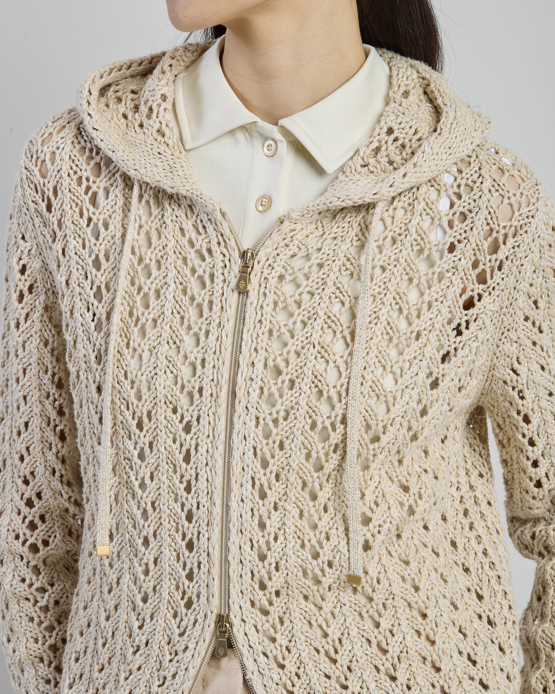 Full Zip Linen Cotton and Silk Hooded Sweater - 3