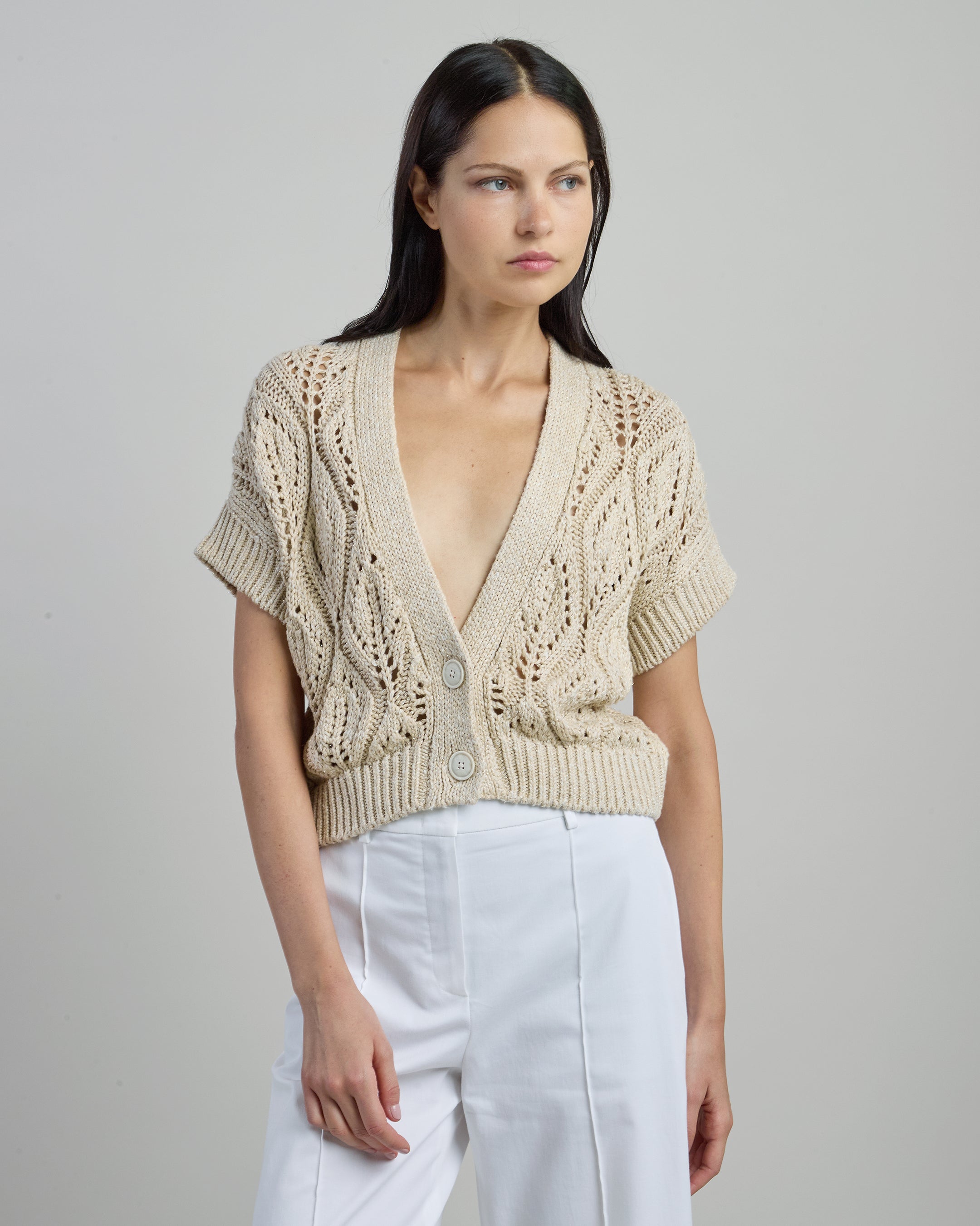 Women's Linen Cotton Silk Short Sleeve V-Neck Cardigan