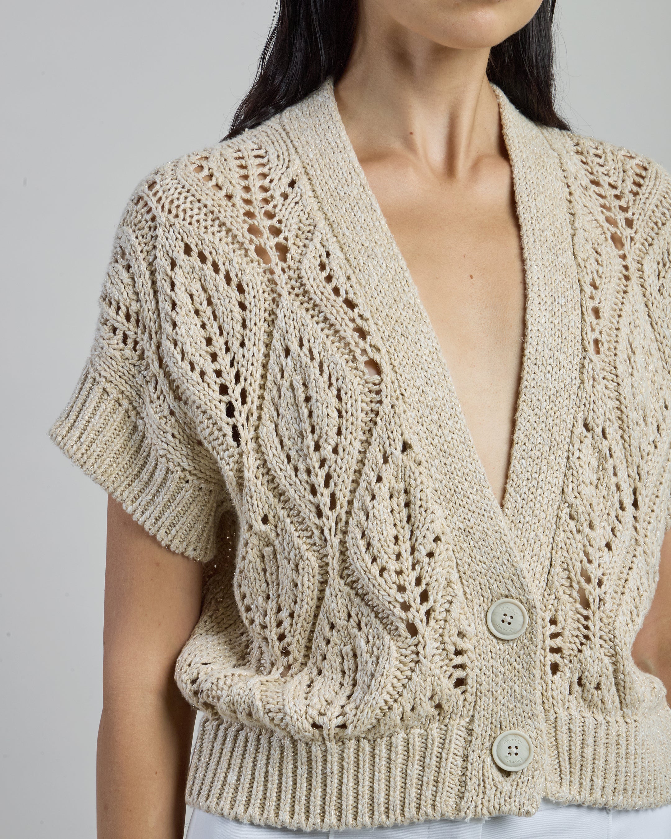 Women's Linen Cotton Silk Short Sleeve V-Neck Cardigan - 3