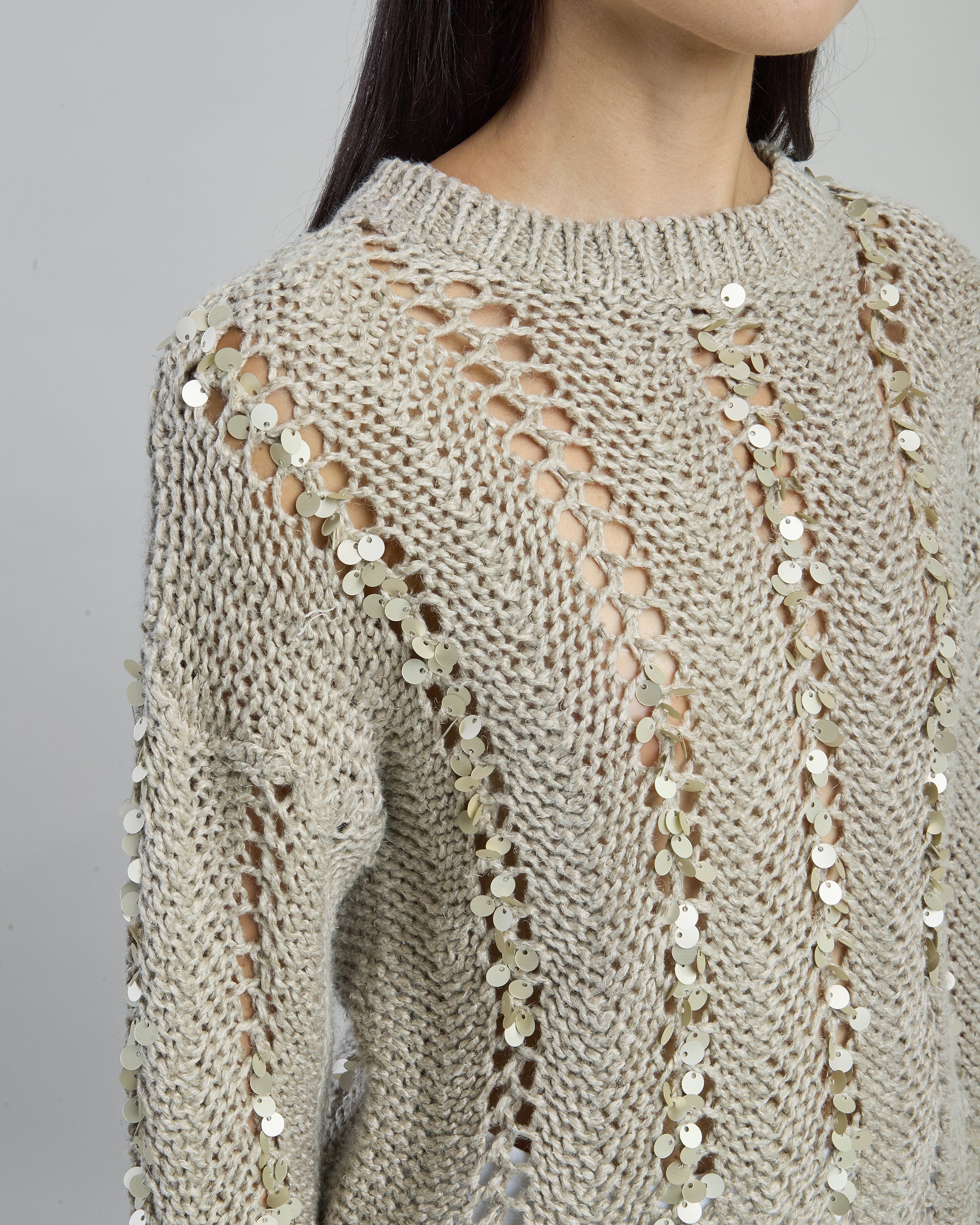 Women's Crew Neck Linen Sweater with Sequins - 3