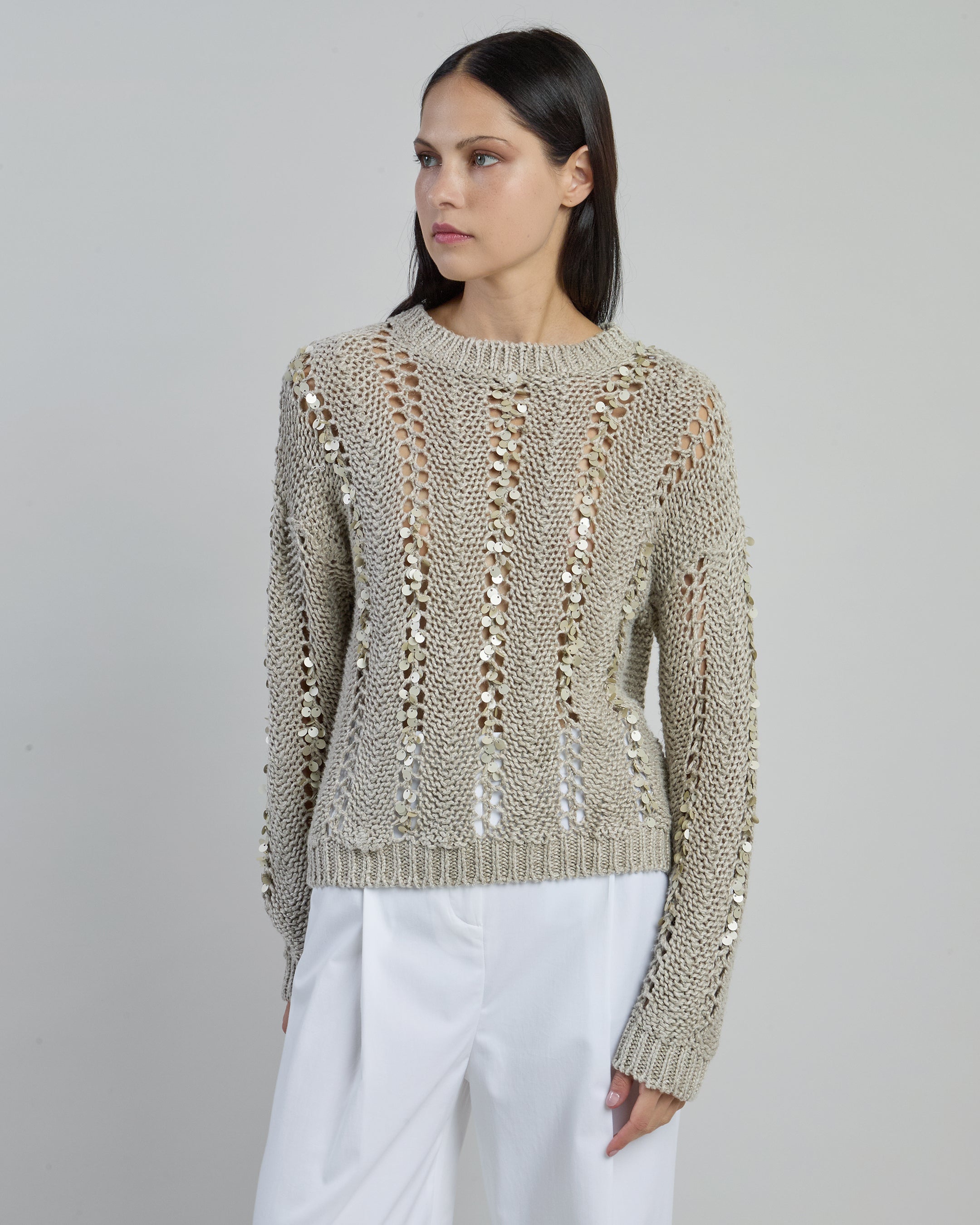 Women's Crew Neck Linen Sweater with Sequins