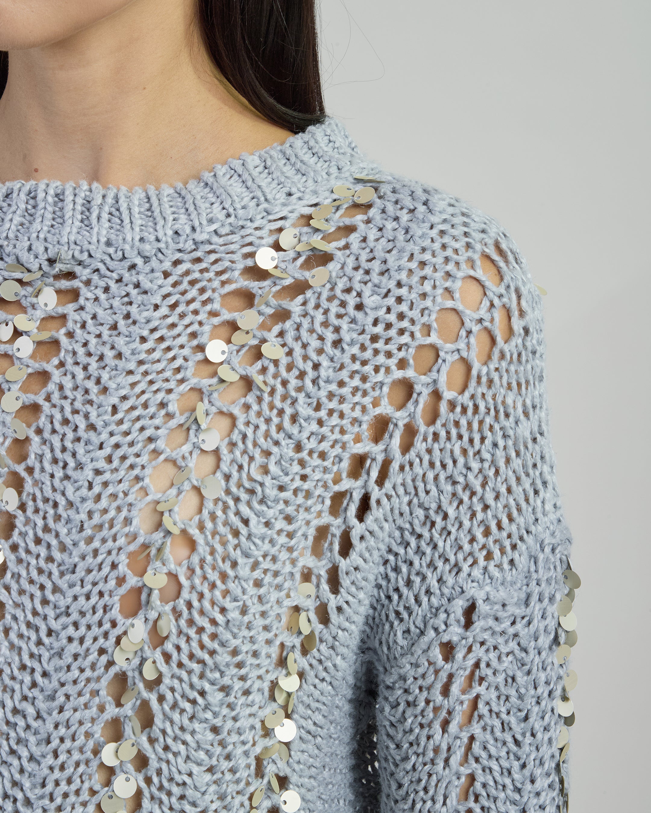 Women's Crew Neck Linen Sweater with Sequins - 7