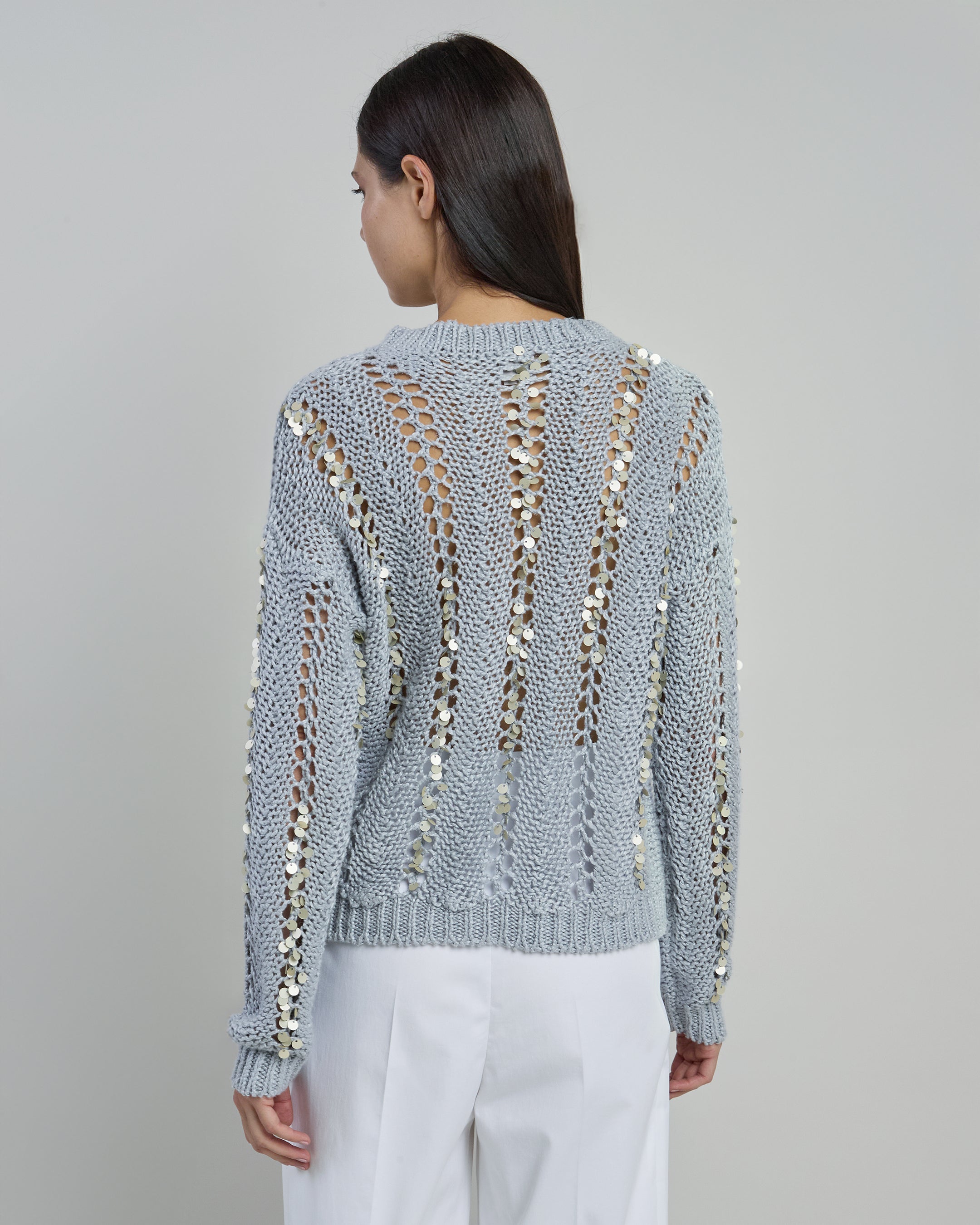 Women's Crew Neck Linen Sweater with Sequins - 5