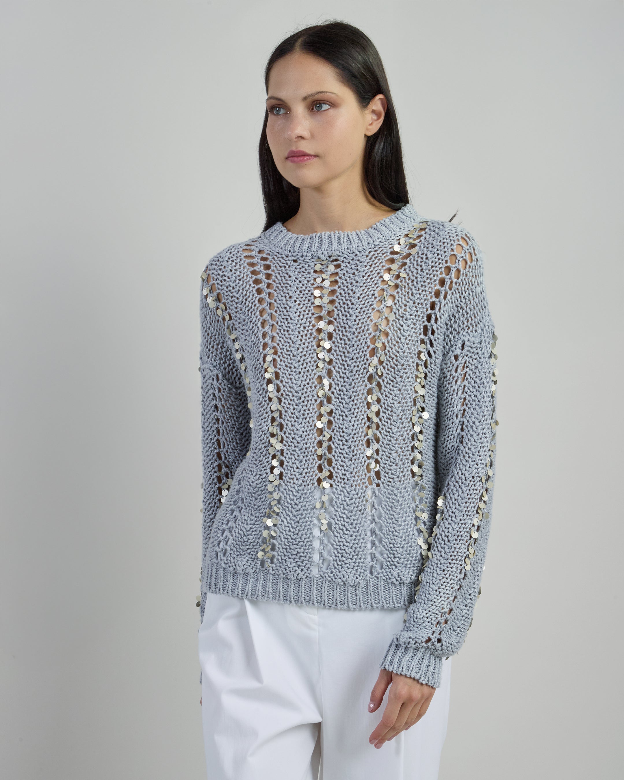 Women's Crew Neck Linen Sweater with Sequins - 6