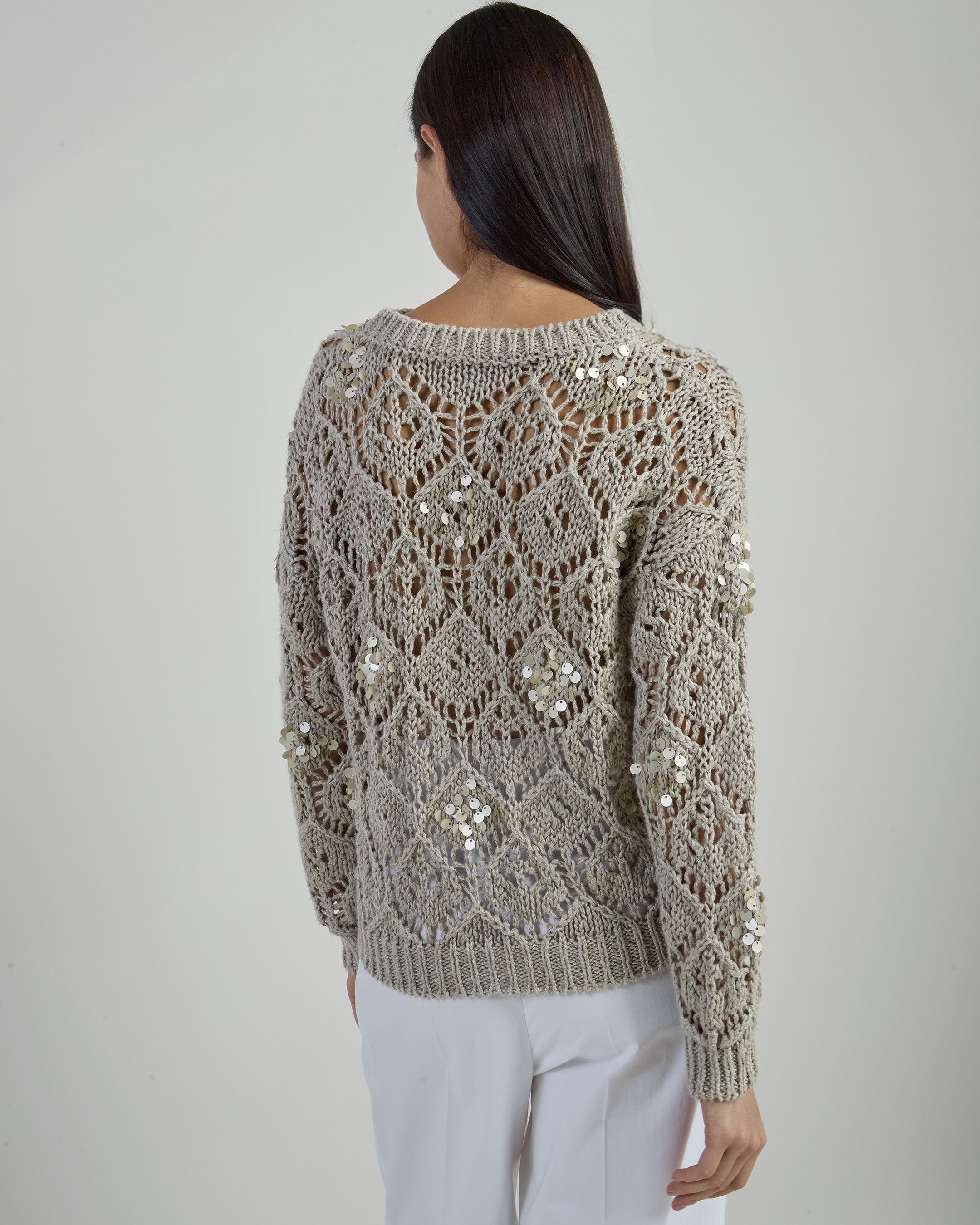 Women's Crew Neck Linen Sweater with Sequins - 3