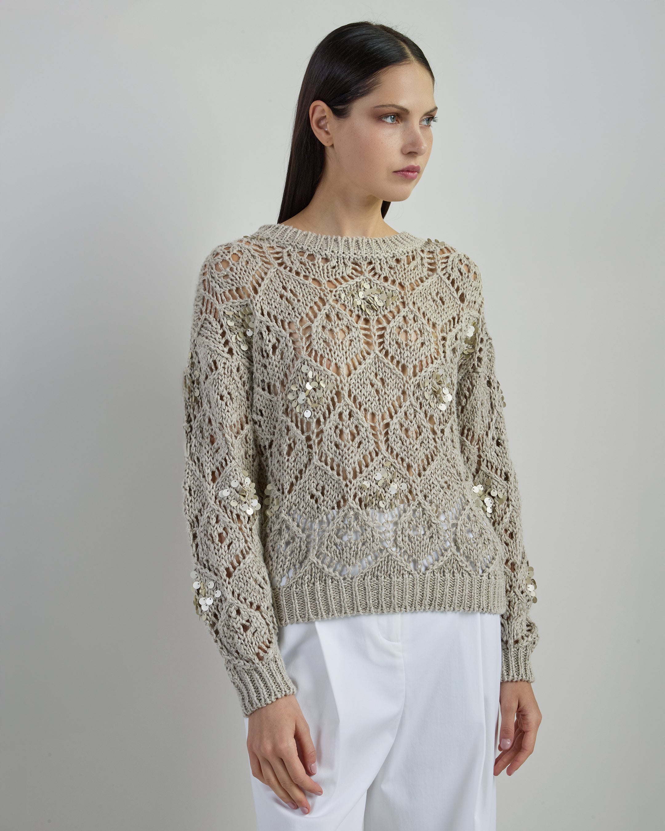 Women's Crew Neck Linen Sweater with Sequins
