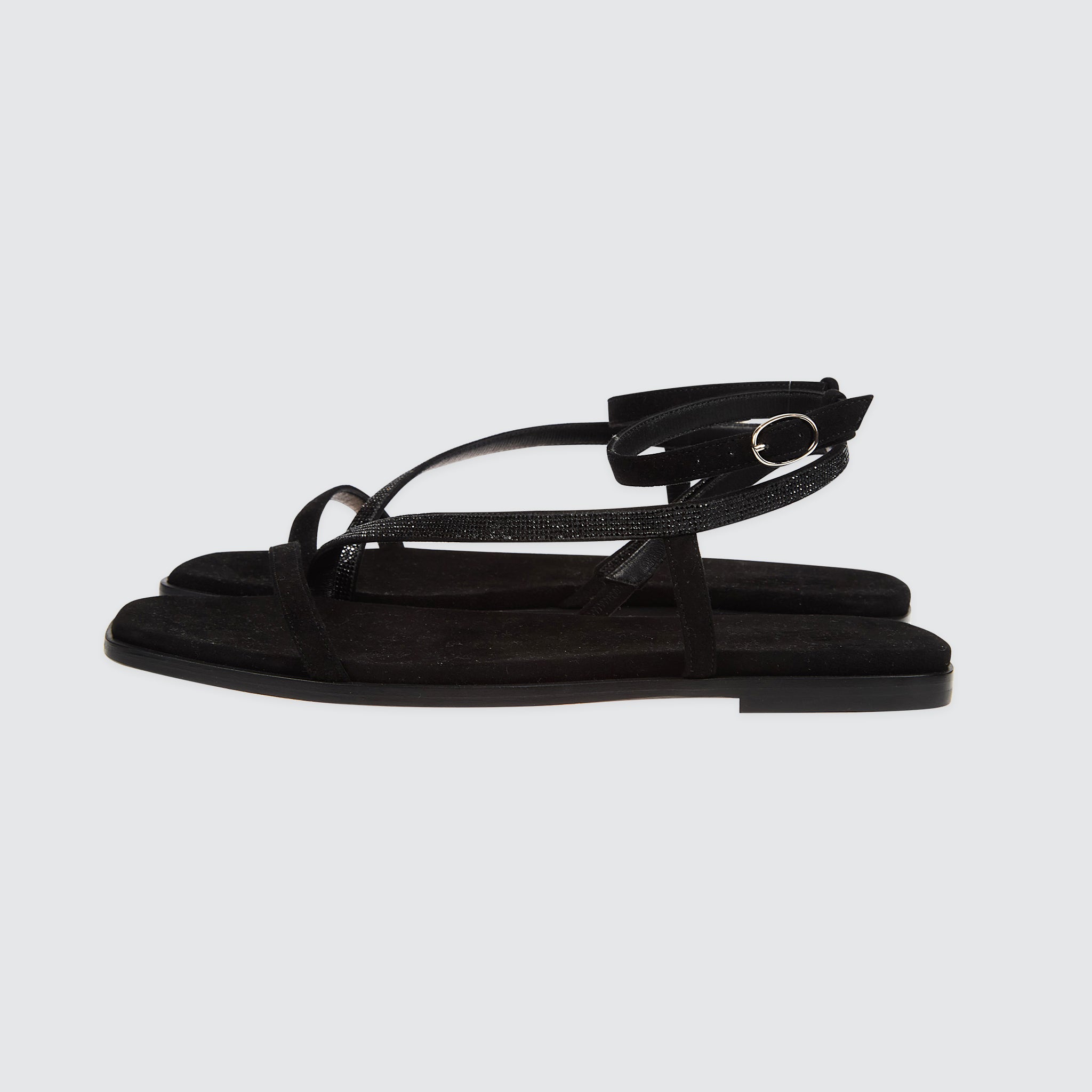 Women's Suede Flat Sandals with Rhinestone Straps - 5