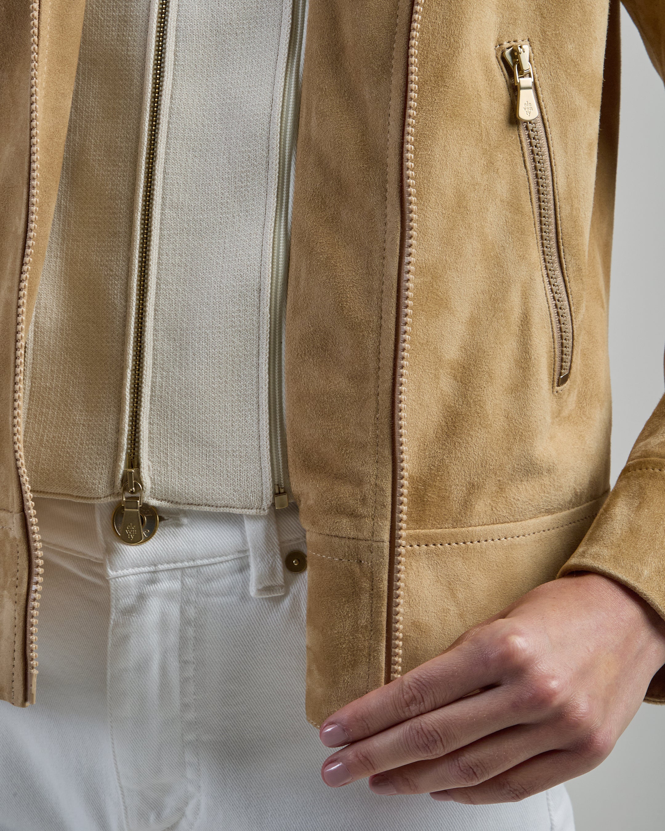 Women's Suede Biker Jacket with Detachable Hood - 3
