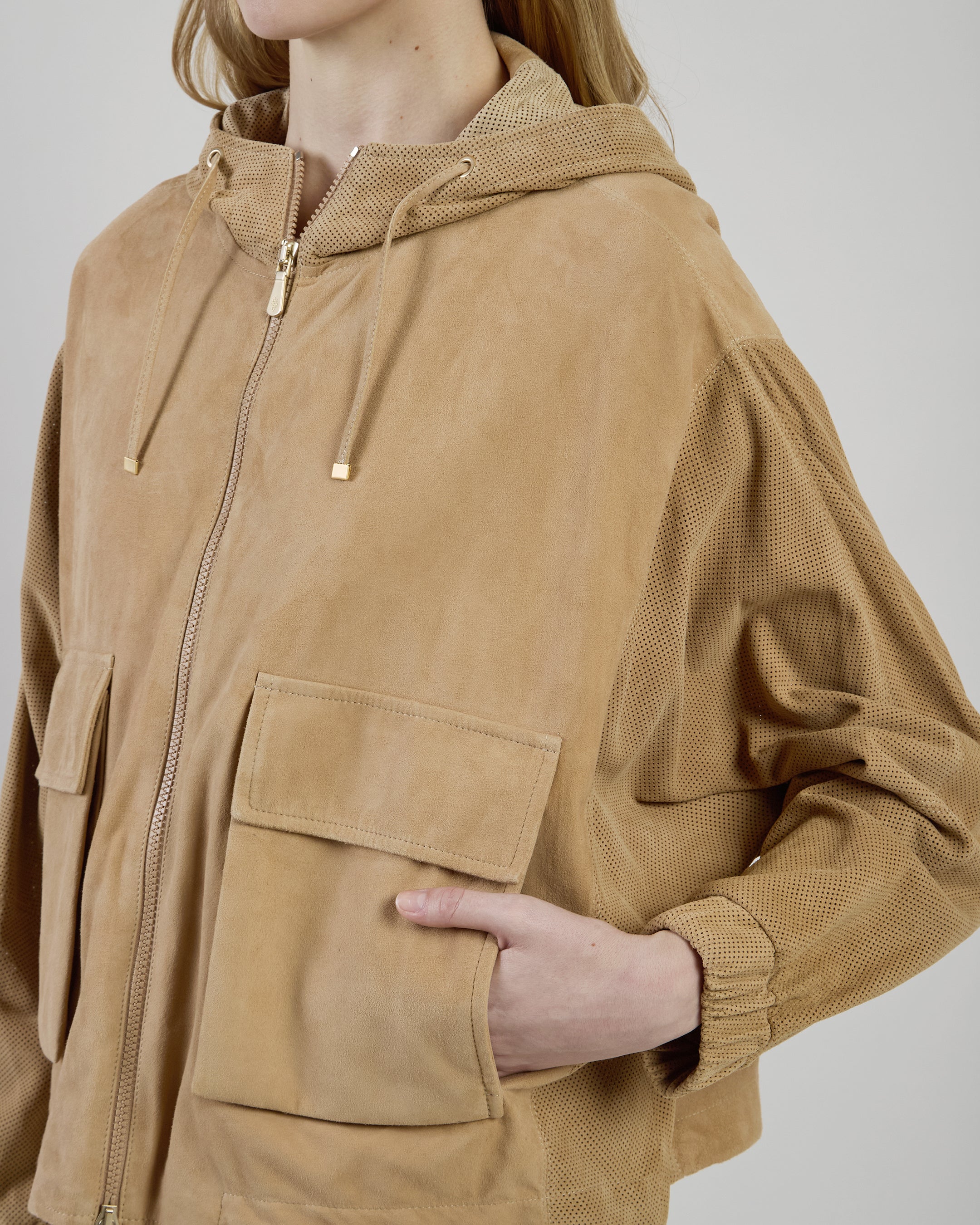 Women's Hooded Suede Leather Jacket in Lambskin