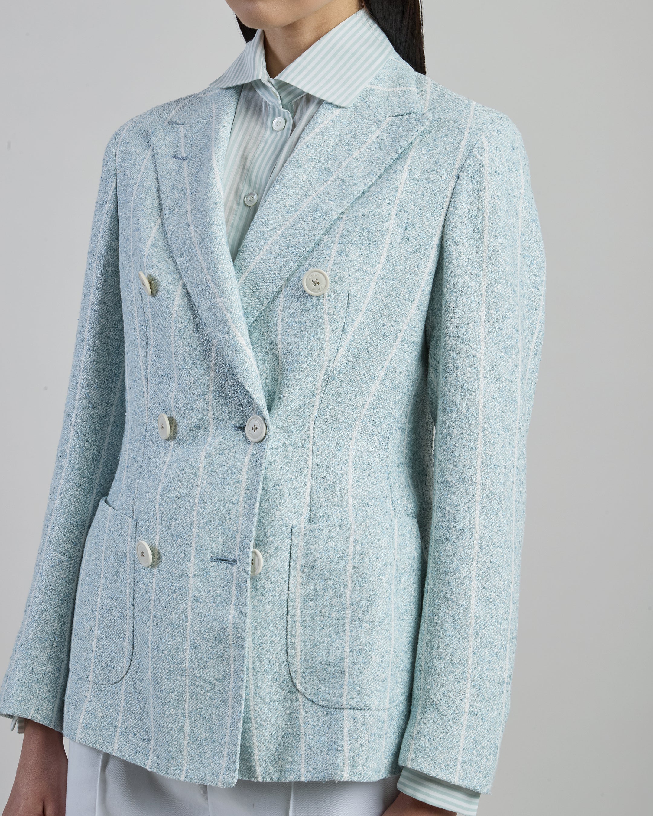 Double-Breasted Pinstriped Linen Jacket with Patch Pockets - 3