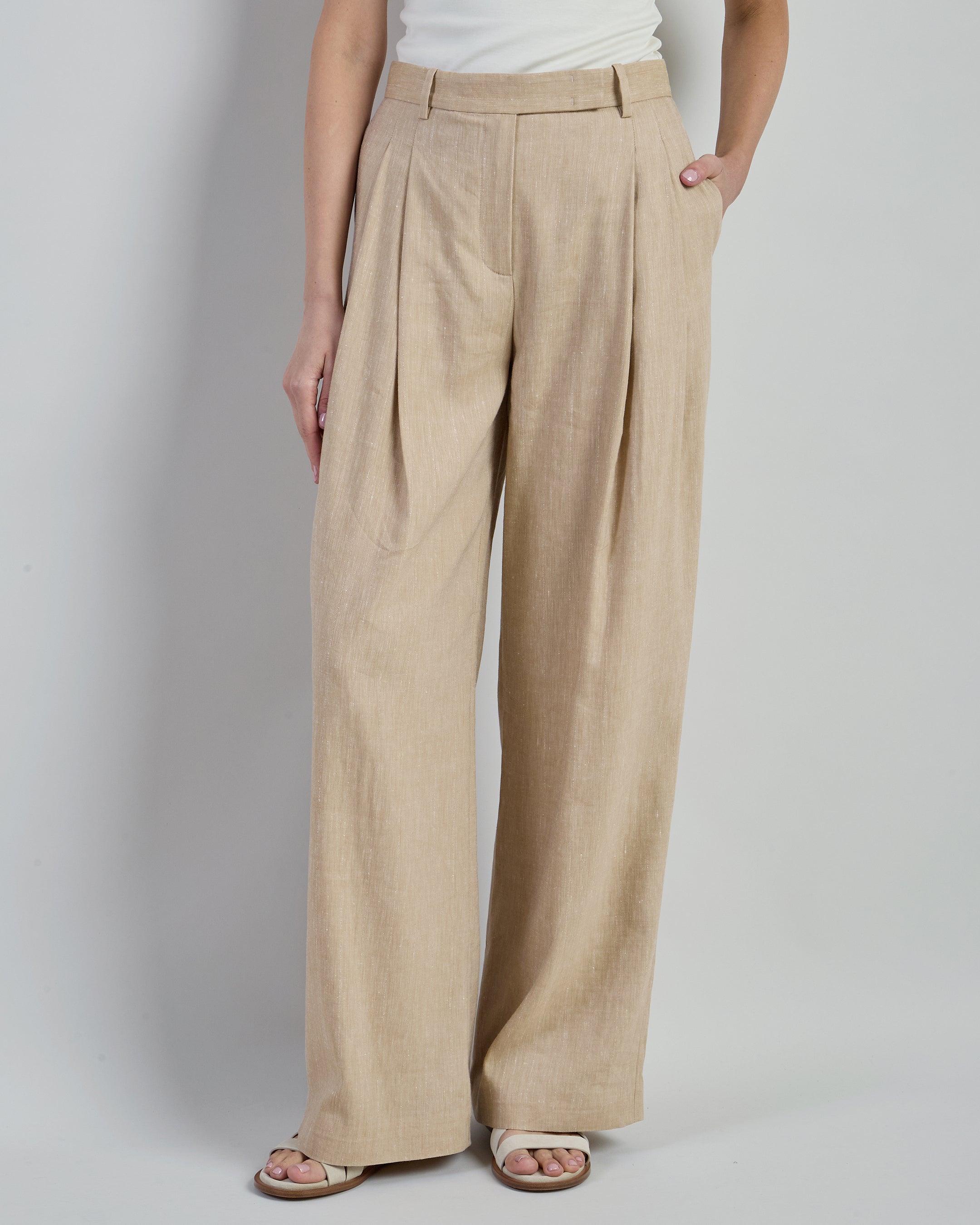 Women's Pinstripe Linen and Wool Pleated Trousers - 1