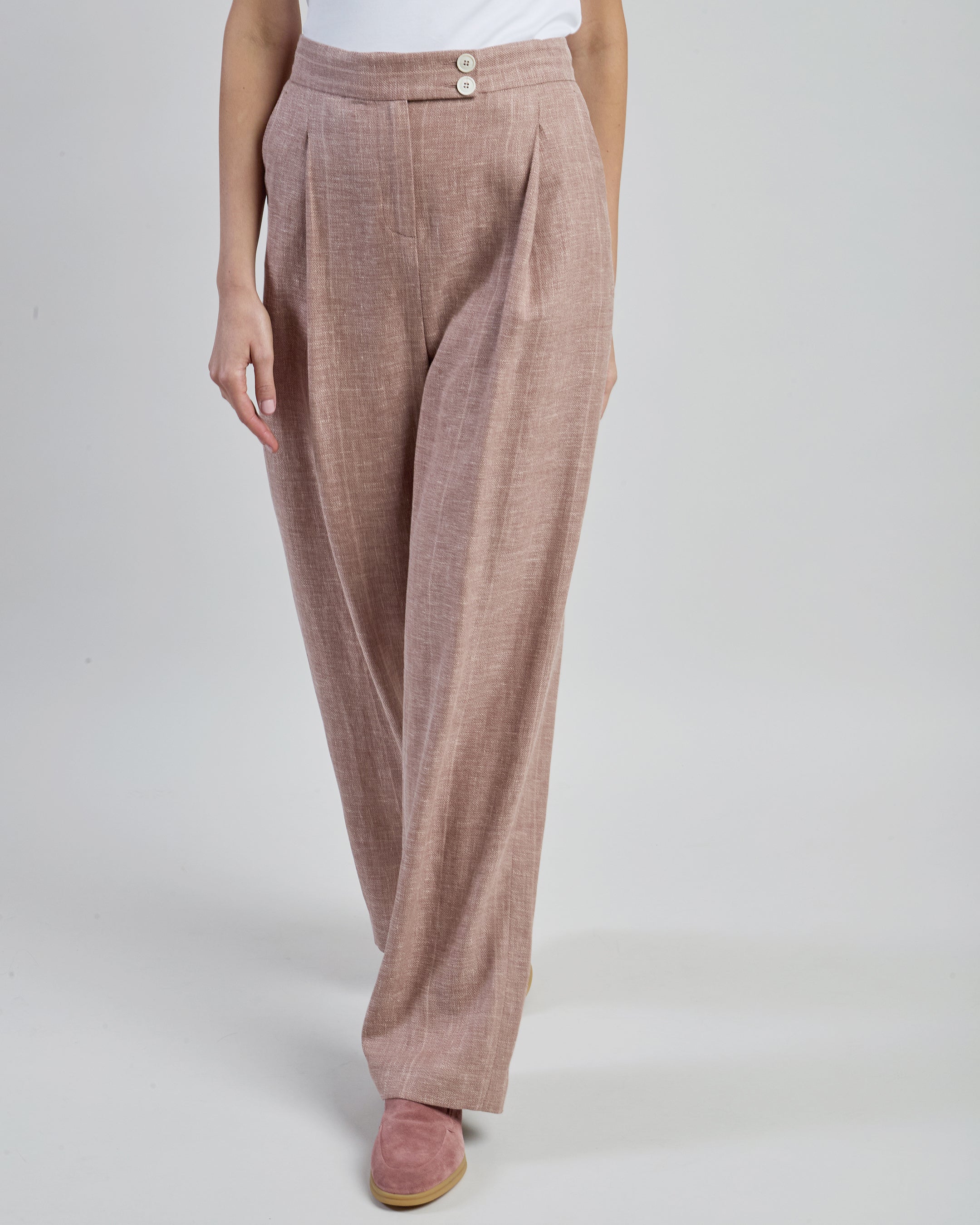 Women's Pinstripe Linen Wool and Silk Wide-Leg Trousers - 1