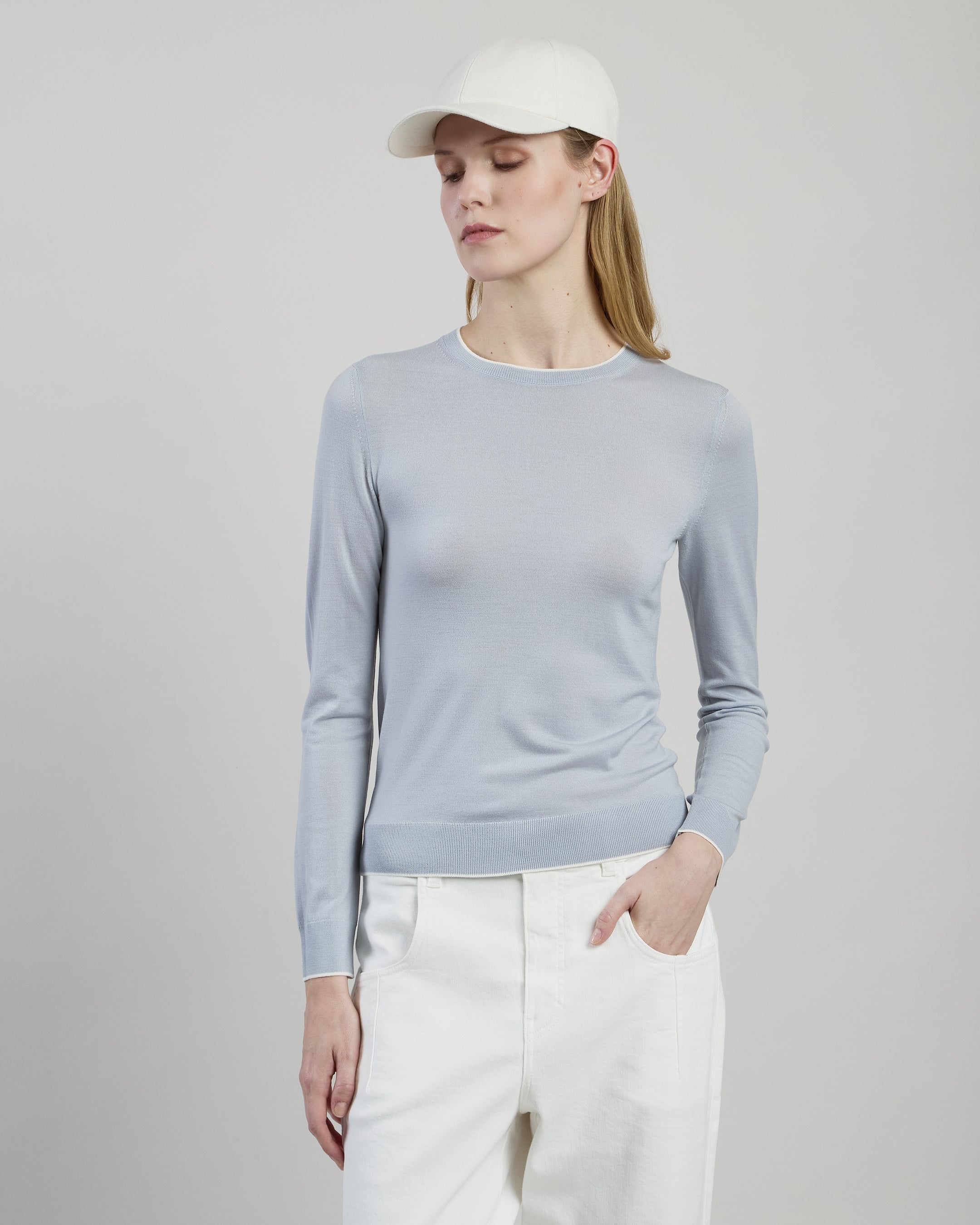Women's 14-Micron Wool Crew Neck Sweater with Tipping - 1