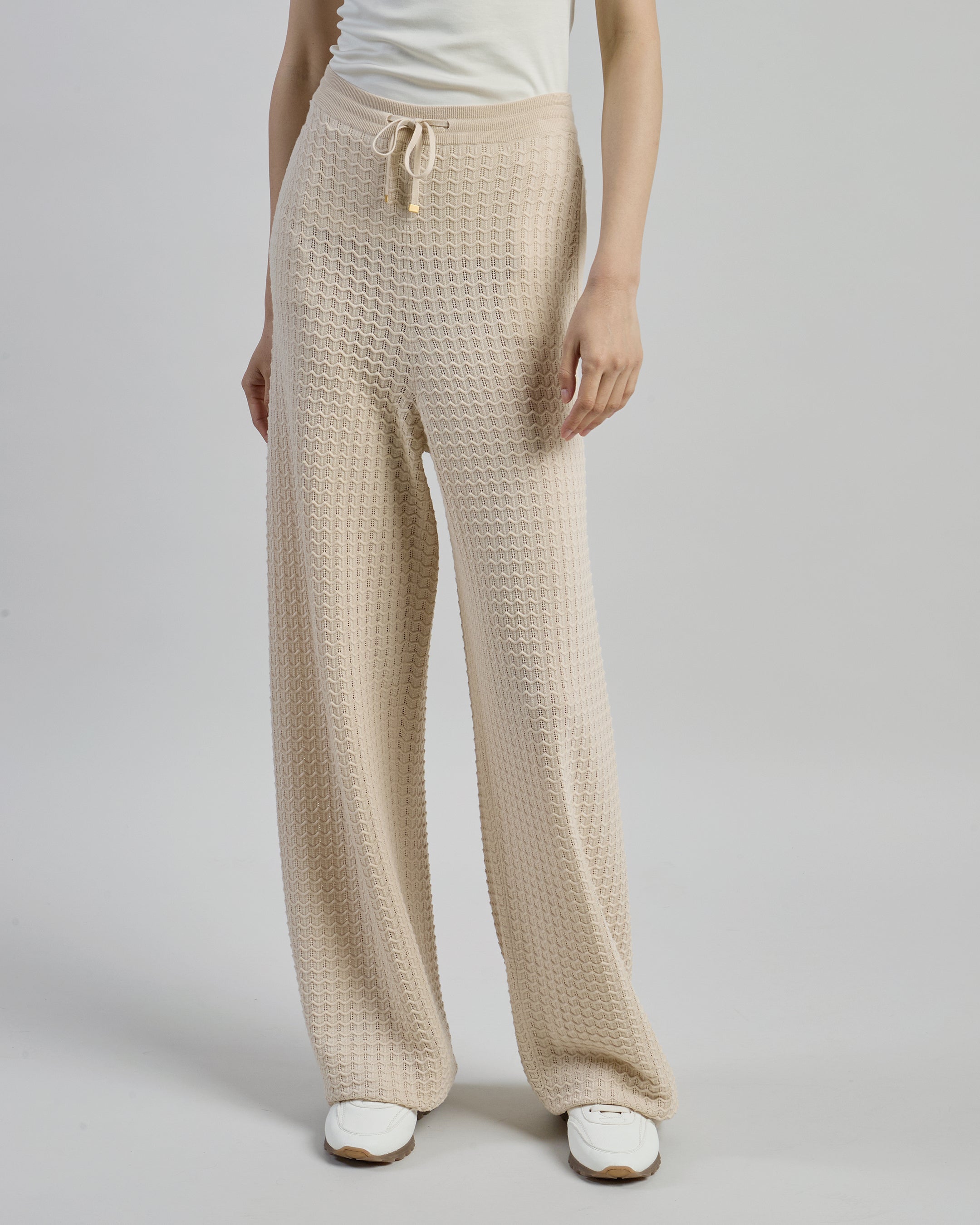 Women's 14 Micron Merino Wool Knit Trousers in Cream - 1