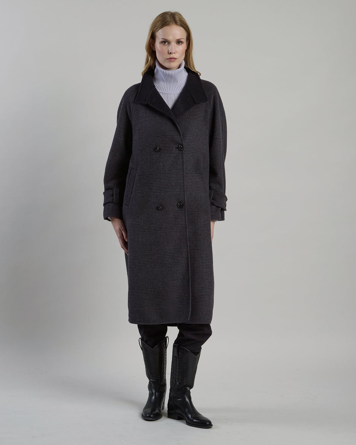 DOUBLE-BREASTED PRINCE OF WALES WOOL CASHMERE COAT - 1